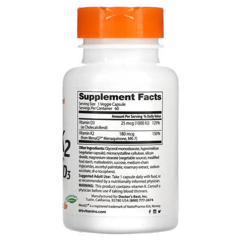 Image of Natural Vitamin K2 MK-7 with MenaQ7 Plus D3 60caps supplement facts